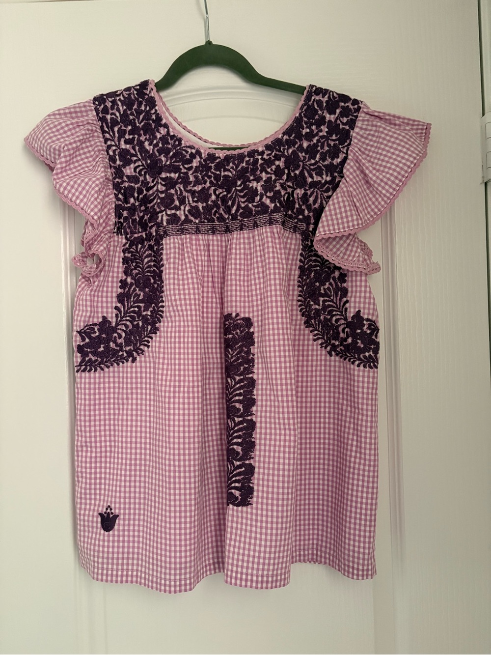 J.marie Womems Size S Pink Purple Gingham Embroidered Ruffle Round Neck Top